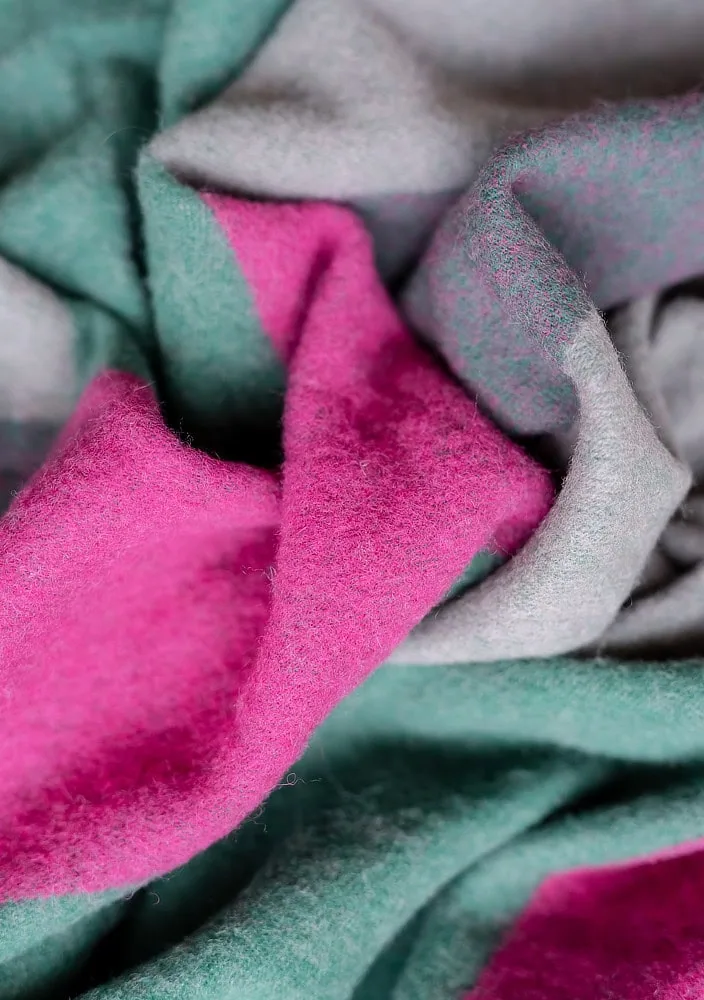 Sjaal groen, roze, grijs, lamswol, Block Jacquard - Afbeelding 3